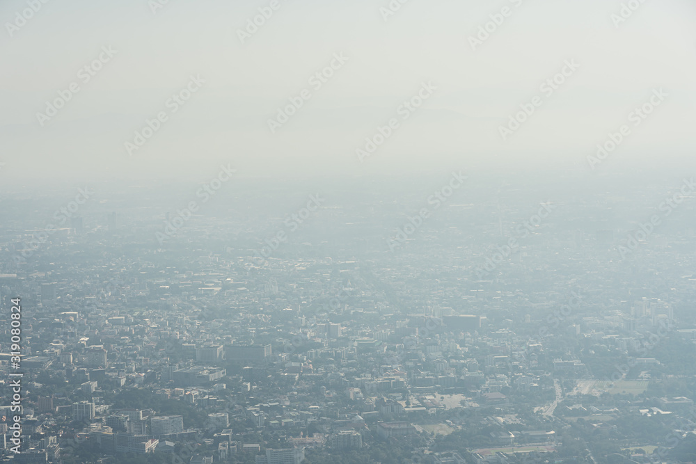 View from on top mountain of PM 2.5 air pollution problem in Chiang Mai, Thailand.