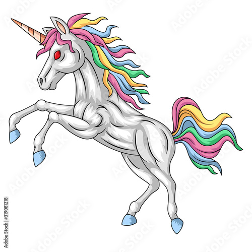 Cartoon white unicorn standing with a mane rainbow
