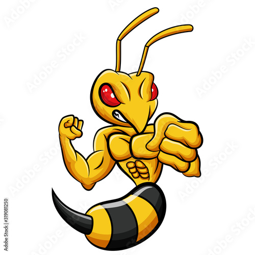 Cartoon strong bee mascot character 