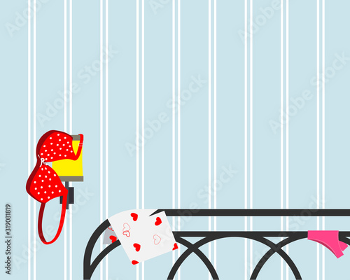Love passion. The bra is abandoned on the wall lamp. Panties are thrown on the headboard. Vector illustration.