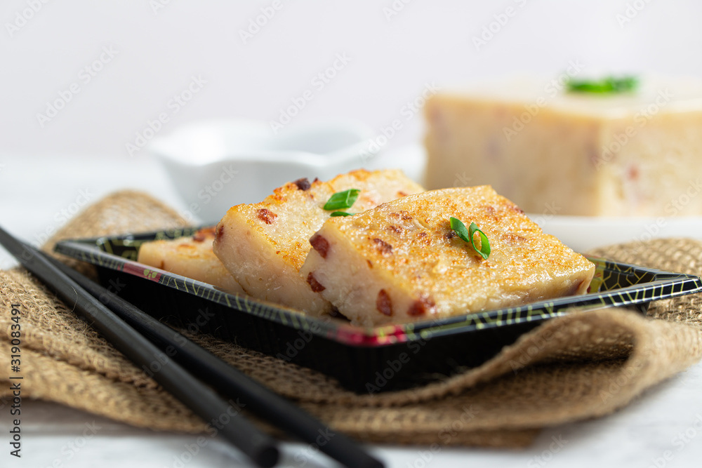 Homemade radish cake with Chinese sausage, popular Chinese dim sum dish