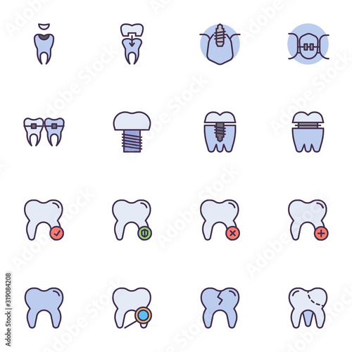Dental health care filled outline icons set, line vector symbol collection, Dentistry linear colorful pictogram pack. Signs, logo illustration, Set includes icons as implant tooth, oral hygiene, teeth