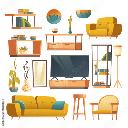 Living room interior set with sofa, armchair, bookshelves and tv. Vector cartoon furniture collection for house, modern decor, floor lamp and spring plants isolated on white background