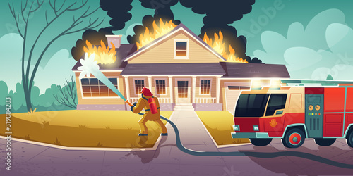 Fireman extinguish ignition in house. Firefighter put out flame on building roof with hose water. Vector cartoon illustration of burning home and red emergency rescue truck