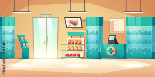 Pharmacy interior, modern drugstore with counter, medical products and vitamin on shelves. Vector cartoon illustration of empty pharmaceutical shop with pills and drugs in showcase