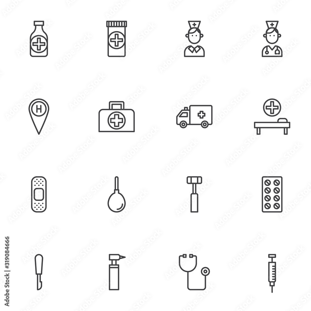 Medical healthcare line icons set. linear style symbols collection, outline signs pack. vector graphics. Set includes icons as doctor nurse, medicine pills, stethoscope, ambulance truck, hospital Medical healthcare line icons set. linear style symbols collection, outline signs pack. vector graphics. Set includes icons as doctor nurse, medicine pills, stethoscope, ambulance truck, hospital