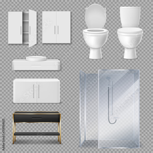 Furniture for bathroom interior. Vector realistic glass shower cabin, toilet bowl with open and closed seat lid, sink and closets isolated on transparent background