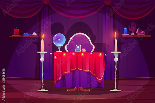 Fortune teller room with magic ball and tarot cards on table with red cloth. Vector cartoon interior of magician room with occult accessories for fate prediction, crystal, palmistry hand and candles