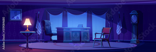 Oval office in White house at night. Vector cartoon empty interior of american president cabinet with vintage furniture, desk and leather chair, flag of USA and lit lamp on table