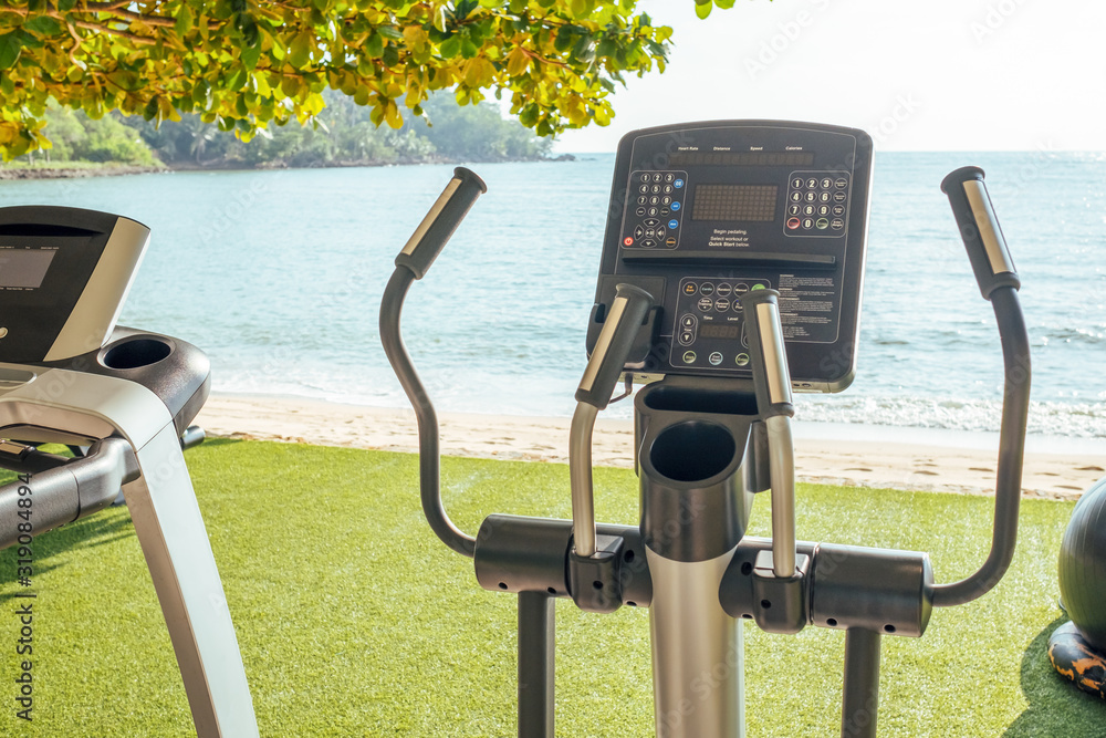 Fitness gym on the beach. Healthcare concept