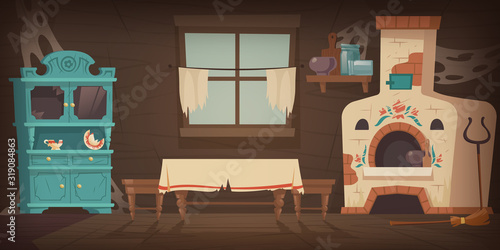 Abandoned old russian, ukrainian rural house with oven, dirty cupboard and table, torn curtains on the window. Vector cartoon illustration of empty wooden room, traditional russian kitchen with stove