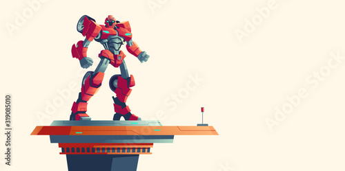 Red robot transformer standing on spaceship top isolated background, cartoon vector illustration. Powerful robot transformed from car, alien invader, fantasy cyborg soldier