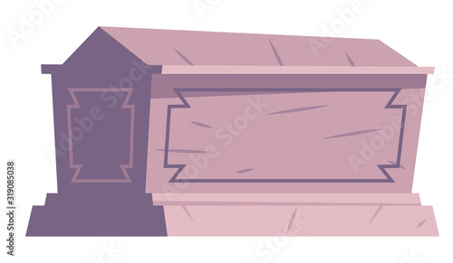 Cemetery symbol, stone tomb or sarcophagus, cartoon vector. Stone sarcophagus or coffin, halloween illustration isolated on white background