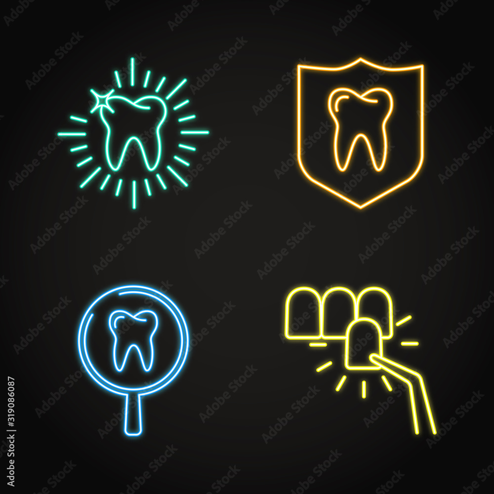 Teeth whitening and protection icon set in neon line style Teeth whitening and protection icon set in neon line style