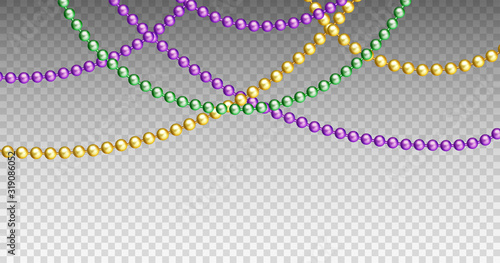 Vector illustration of Mardi Gras beads in traditional colors. Decorative glossy realistic elements for design Mardi Gras. Beads Isolated on transparent background.