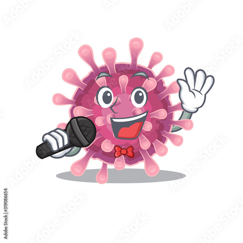 Happy corona virus singing on a microphone