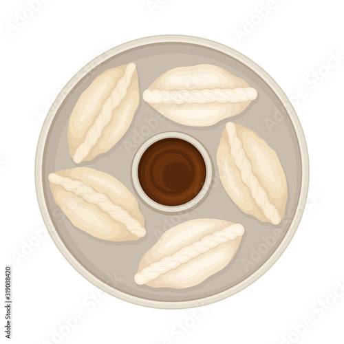 Stuffed Dumplings Served on Plate with Sauce Top View Vector Illustration