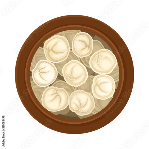 Stuffed Dumplings Floating in Pot with Bouillon Top View Vector Illustration