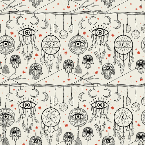 Seamless pattern dream catcher.Vintage bohemian drawing style.