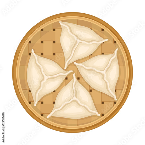 Stuffed Dumplings Rested on Wooden Plate Top View Vector Illustration