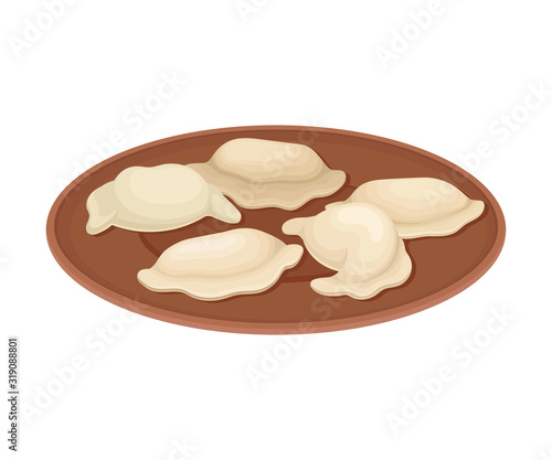Semi-product Dumplings Served on Wooden Plate Side View Vector Illustration