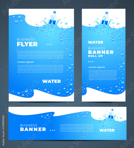 Water aqua splash bottle drops theme Set flyer cover, banner, roll up banner