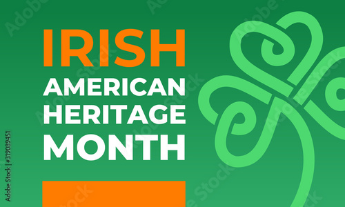 Irish-American Heritage Month vector illustration, colors Ireland flag. Abstract trend design for banner, poster, card and social media. Greeting business card with celtic Irish shamrock leaf pattern