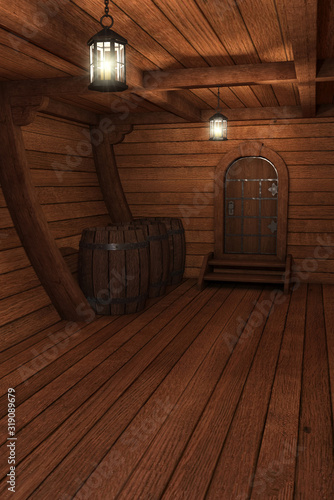 Inside old ship. Hold or cabin of a ship background. 3d illustration of pirate cabin. -3d rendering. -