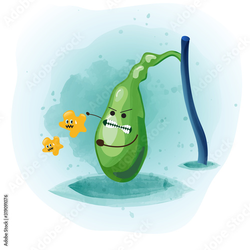 Human gall bladder anatomy will walking somewhere. Internal organ concept. Vector modern style cartoon character. White and blue background for web and medical apps. Vector illustration.
