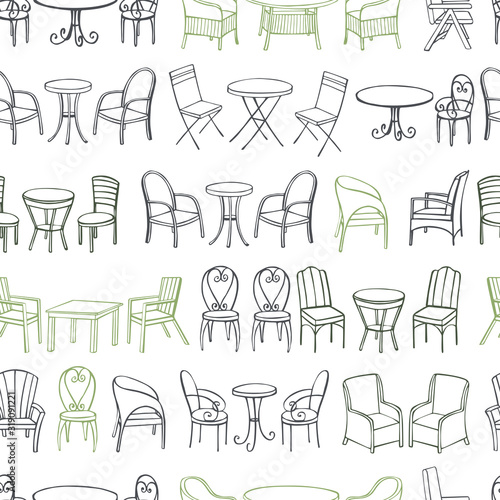 Hand drawn garden furniture.  Tables and chairs. Vector seamless pattern.