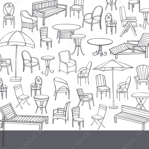 Hand drawn garden furniture. Vector  background. Sketch illustration.