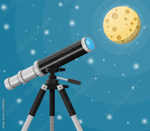 Observation through spyglass. Nature landscape with telescope, moon and stars. Astronomy, research, observe and education. Vector illustration in flat style
