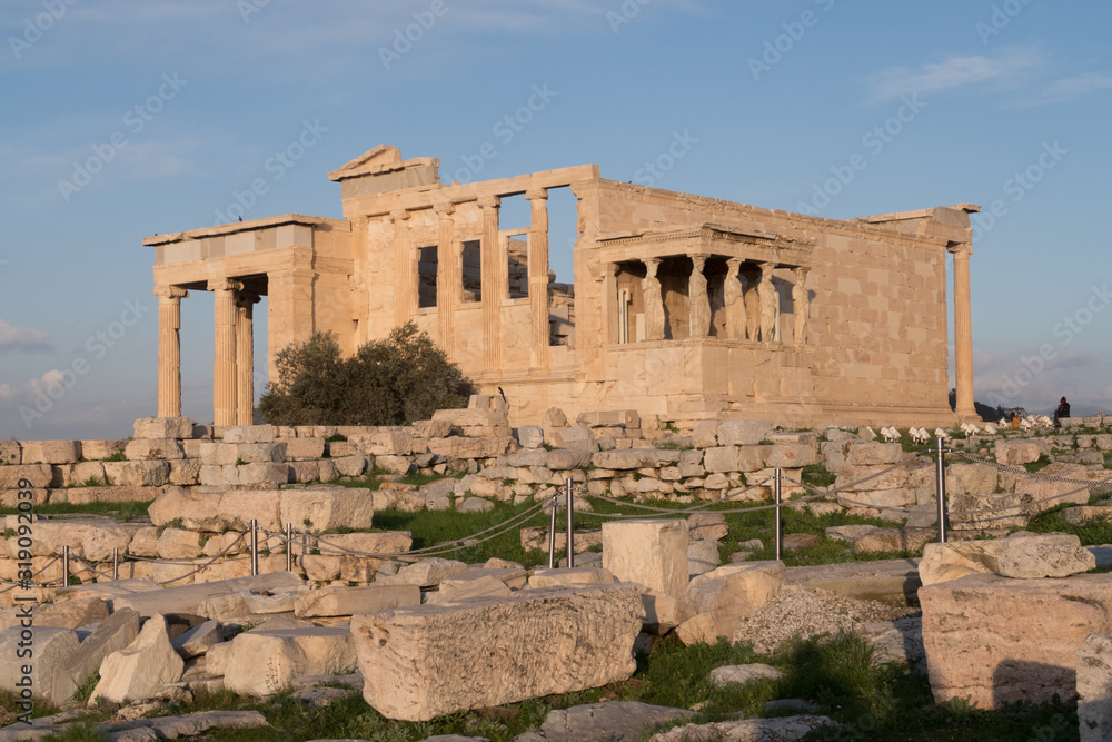Athens, Greece - Dec 20, 2019: Erechtheion Temple with Caryatids, Caryatid Porch, Acropolis, Athens, Greece