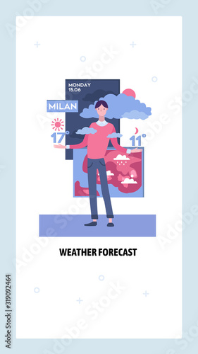 Weather forecast anchor on television news. Meteorologist reports weather on tv. Vector web site design template. Landing page website concept illustration.