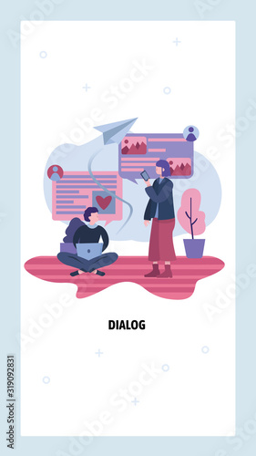 Two friends send messages to each other. People using messenger mobile phone apps. Vector web site design template. Landing page website concept illustration