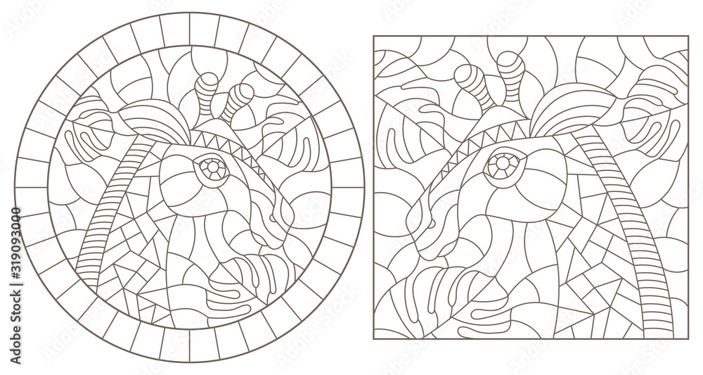 Set of contour illustrations of stained glass Windows with giraffe heads isolated on white background