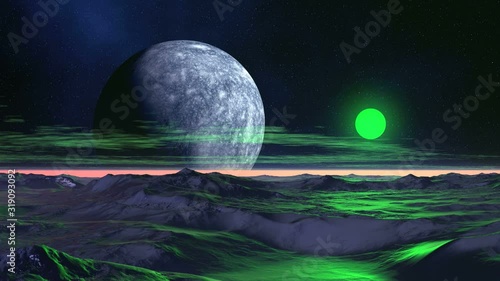 Green Sun Rising. On a dark starry sky huge moon. A green sun slowly rises over the misty horizon. Low clouds float. Desert landscape reflects the sun's light.