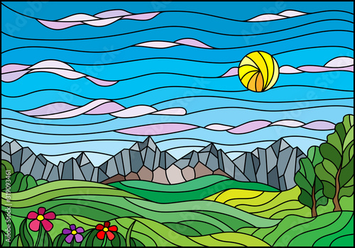 Illustration in stained glass style with a summer landscape, fields and mountains against a Sunny sky