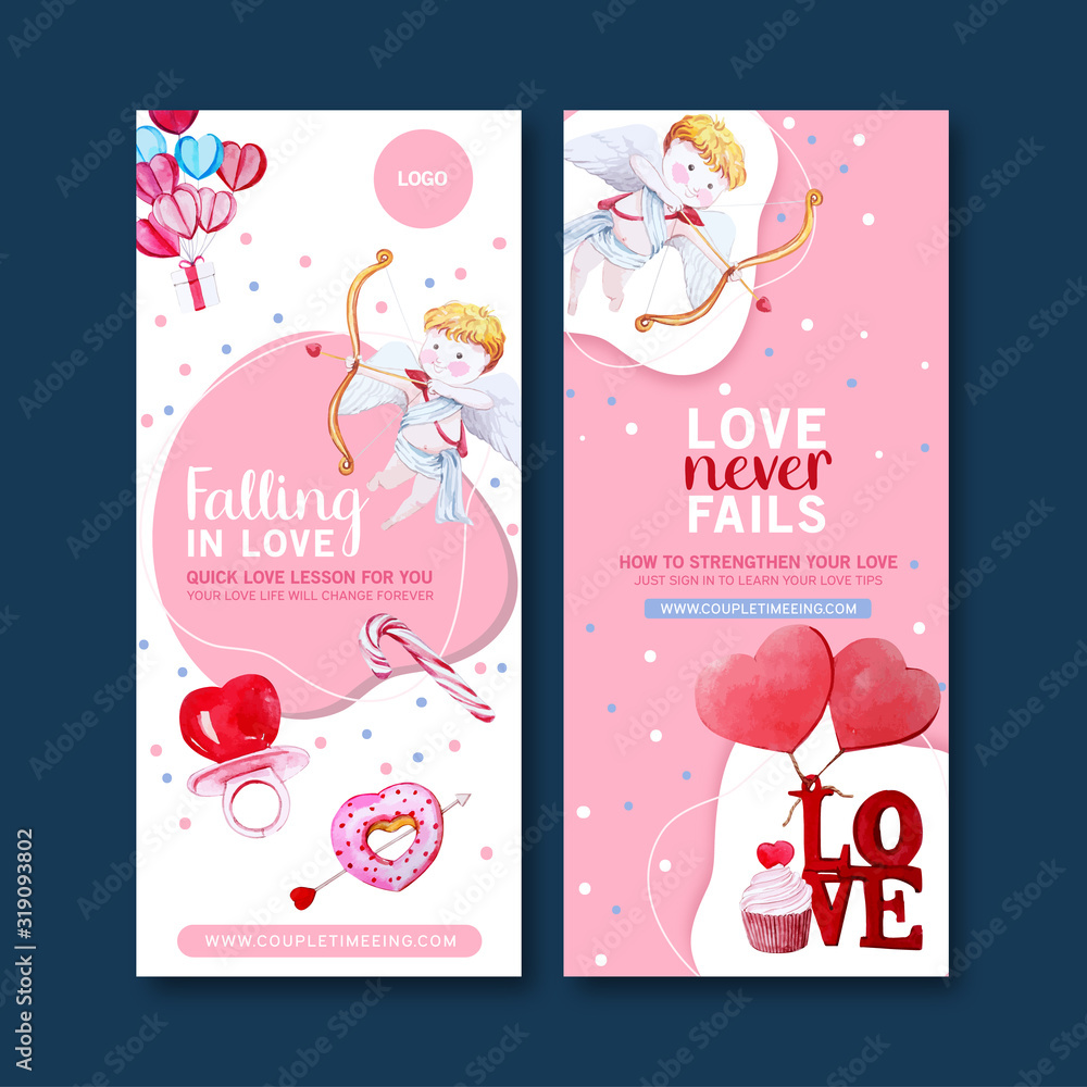 Love flyer design with cupid, cupcake, candy watercolor illustration