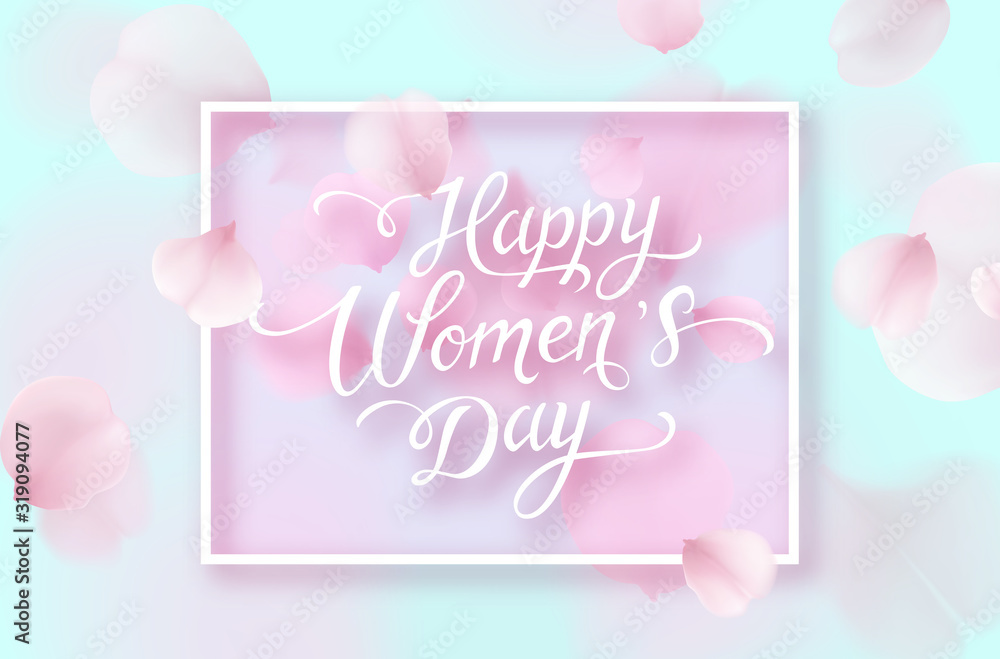 Happy Women 's Day greeting card with rose flower petals. Vector pink floral background. .