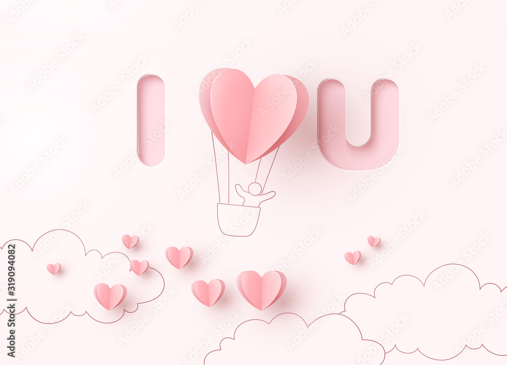 Paper heart balloon with man flying on pink background. Vector love postcard for Happy Valentine's Day greeting card design.. Paper heart balloon with man flying on pink background. Vector love postcard for Happy Valentine's Day greeting card design..