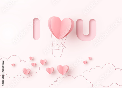 Paper heart balloon with man flying on pink background. Vector love postcard for Happy Valentine's Day greeting card design..