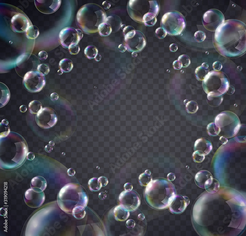 Soap bubble with rainbow colors isolated on transparent background. Realistic vector water foam elements pattern. Colorful iridescent balls or spheres template..