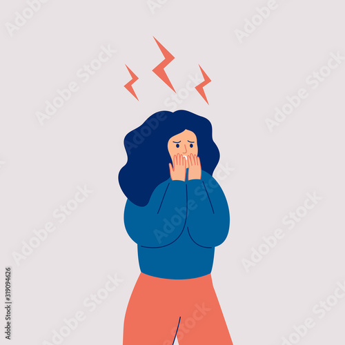 The young woman is in stress. Woman in shock, and lightning over her. Vector flat illustration