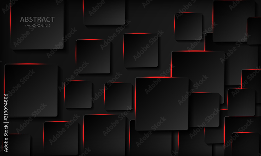 Technology background. Black abstract realistic 3d background with paper square shape. Geometric pattern texture with red light and overlap layer. Modern background. Technology background. Black abstract realistic 3d background with paper square shape. Geometric pattern texture with red light and overlap layer. Modern background.
