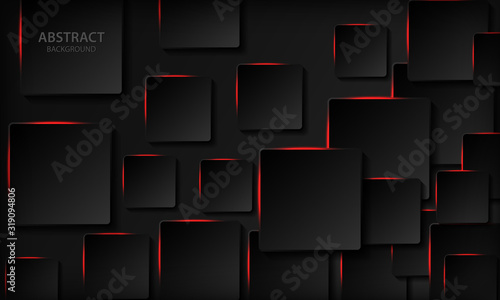 Technology background. Black abstract realistic 3d background with paper square shape. Geometric pattern texture with red light and overlap layer. Modern background.
