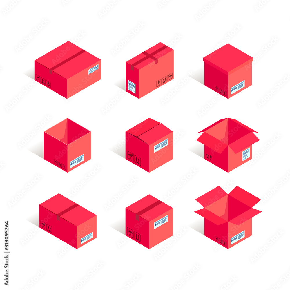 Isometric red delivery box set isolated on white background. 3d Online shipping and transportation vector illustration. Can use for web, mobile apps, infographics, warehouse storage design - obrazy, fototapety, plakaty 