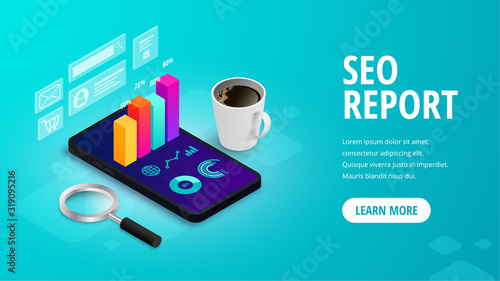 SEO report isometric web banner concept with 3d graph data on phone screen on abstract background. Marketing research, digital analytics for business. Vector illustration for mobile app, advert, web