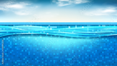 Summer banner with swimming pool. Vector illustration. Realistic underwater scene with light beams in swimming pool. Banner with horizontal water surface and cloudy sky.