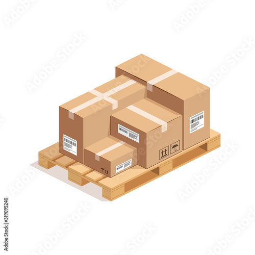 Isometric wooden pallet with pile of cardboard boxes isolated on whte background. 3D warehouse packaging, storage and transportation concept. Vector illustration